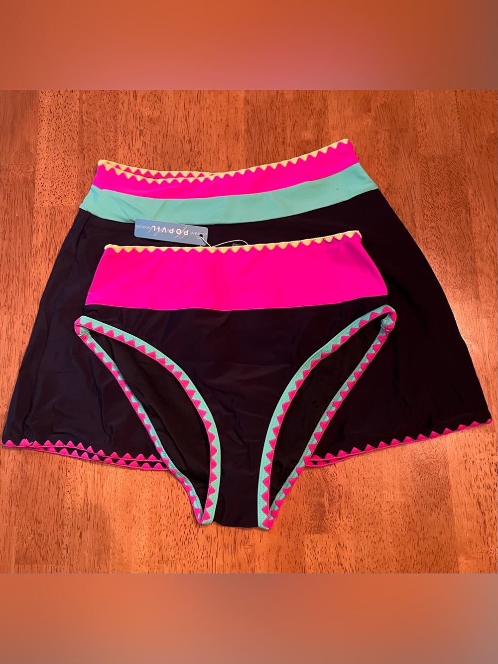 Women’s Black Bikini Bottoms & Skirt with Pink and Aqua Trim